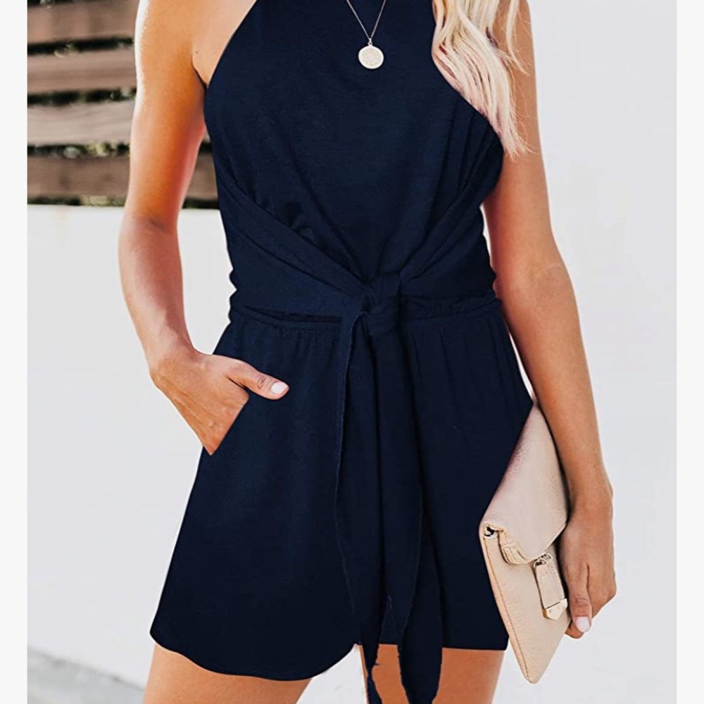 ZESICA Halter Neck Knot Front Romper with Pockets